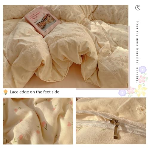 Image of VM VOUGEMARKET Lace Duvet Cover Set Full Girls Pink Flower Bedding Set Soft Lightweight Washed Microfiber Romantic Princess Duvet Cover with Zipper Ties-80 inchx90 inch