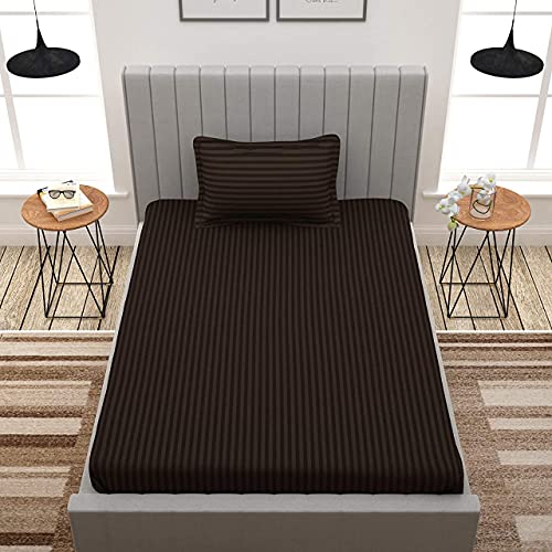 Image of KAWI Single Bedsheet Elastic Fitted Cotton 200 TC With 1 Pillow Cover (72X48XUp To 8 Inches Mattress Size)-Brown 1