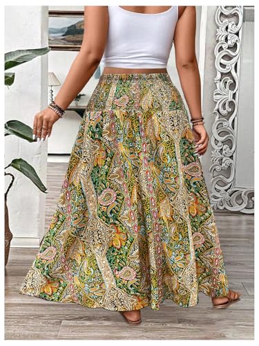 WDIRARA Women's Plus Size Paisley Print Boho Maxi Skirts High Waist Smocked Ruffle Hem A Line Skirt2