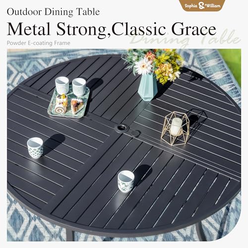 Image of Sophia & William Round Patio Dining Set for 4 with Aluminum Chairs, Grey | Metal table, Stackable sling chairs, Breathable & quick-drying, Light-weight & space-saving, Umbrella Hole, Outdoor, 5 piece