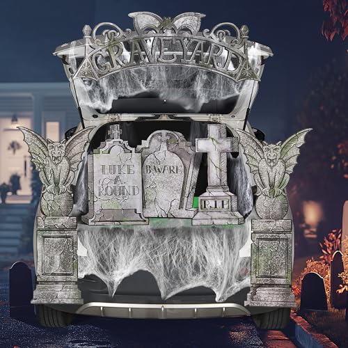 Image of JOYIN Halloween Tombstone Trunk or Treat Car Garage Decoration Outdoor with Gargoyles, Arch Monument, Spider Web and Non-Woven Fabric for Entryway Archway Haunted House Decor