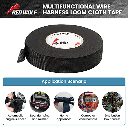 Red Wolf RWF-JB02-1242-5P Wiring Harness Cloth Tape High Temp Self-Adhesive Fabric Tape For Automobile Electrical Harness Wrap Noise Damping Protection Insulation Cable Fixed Black thumb #2