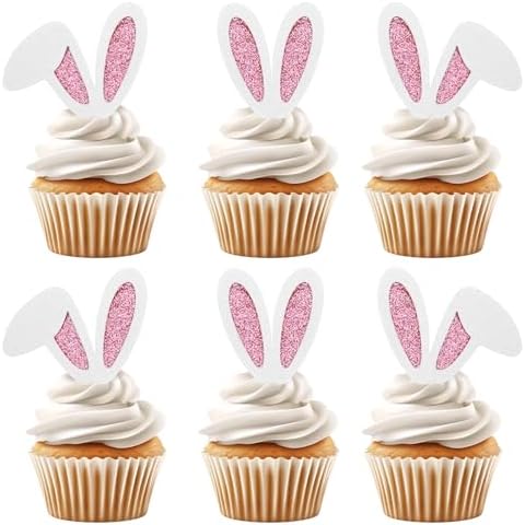 24 Pack Easter Bunny Ear Cupcake Toppers Glitter Easter Party Dec...