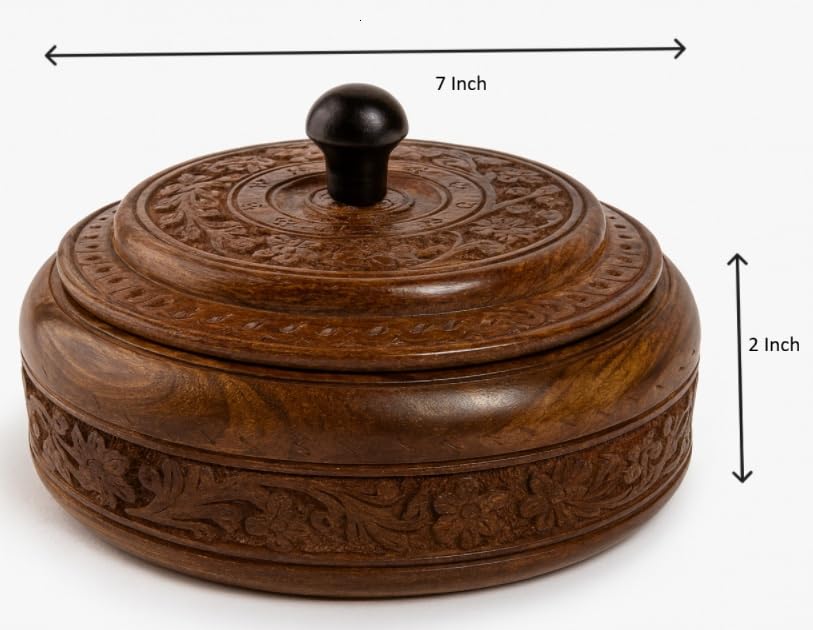 Image of Handcrafted Sheesham Wood Dry Fruit Box with Lid & 4 Compartments | Premium Carved Round Storage Container for Dry Fruits, Spices, Snacks & Gifting | Traditional Wooden Decorative Box (7 Inch)