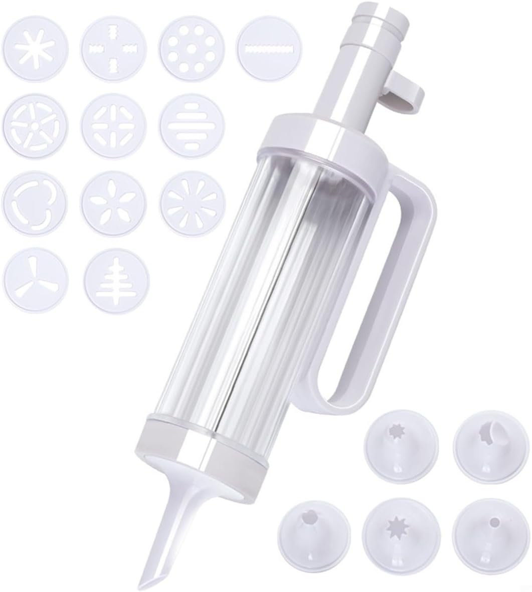 18Pcs DIY Cookie Maker Machine Set With 6 Nozzles 12 Discs Biscuit Decorating Tools Dessert Dispenser Kit For Baking Enthusiasts And Home Bakers White Plastic