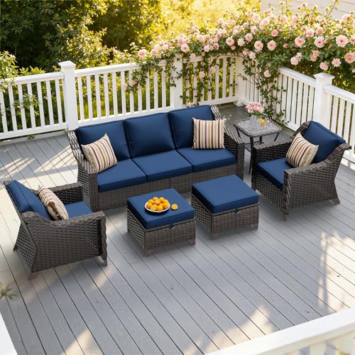 Image of 6 Piece Patio Furniture Set, Wicker Outdoor Conversation Set | Patio Chair Set with Olefin Removable Cushion, All-Weather Outdoor Couch with Deep Seat for Porch, Deck and Backyard, Blue