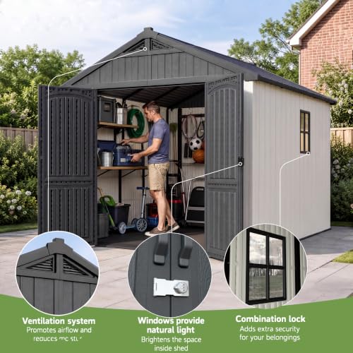 Image of Greesum 8x8 FT Resin Outdoor Storage Shed with Floor, Beige