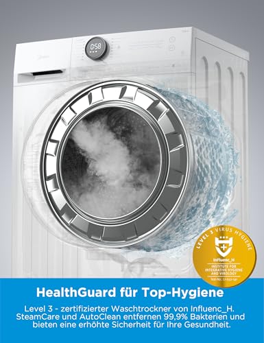 Midea MF200D86WB-14EAS Waschtrokner, 8/6kg Waschen/Trocknen, Inverter Mortor, 60 Min. Waschen und Trocknen, Steam Care, Turbo Wash, 48 cm tief, APP-Steuerung, AquaStop – Bild 5