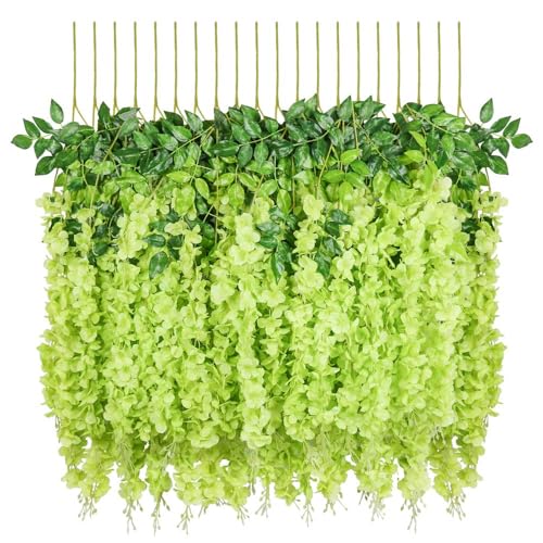 Image of 6 Pcs Artificial Polyester Hanging Flower Wisteria Vines Fake Flowers Vines for Home Party Wedding Garden Outdoor Greenery Decoration (6, Green)