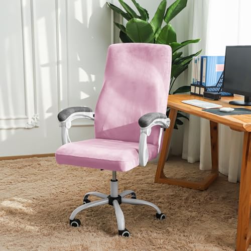 Image of FORCHEER Velvet Large Office Chair Cover Pink Stretchable Computer Armchair Slipcover for Desk Chair Elastic Protector for Pets 1 Piece Washable Removable