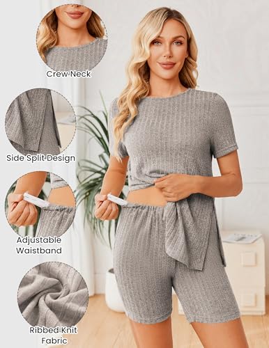 Image of Ekouaer Maternity Sets 2 Piece Outfits Ribbed Knit Short Sleeve Shirts and Biker Shorts Pregnancy Loungewear Mama Clothes