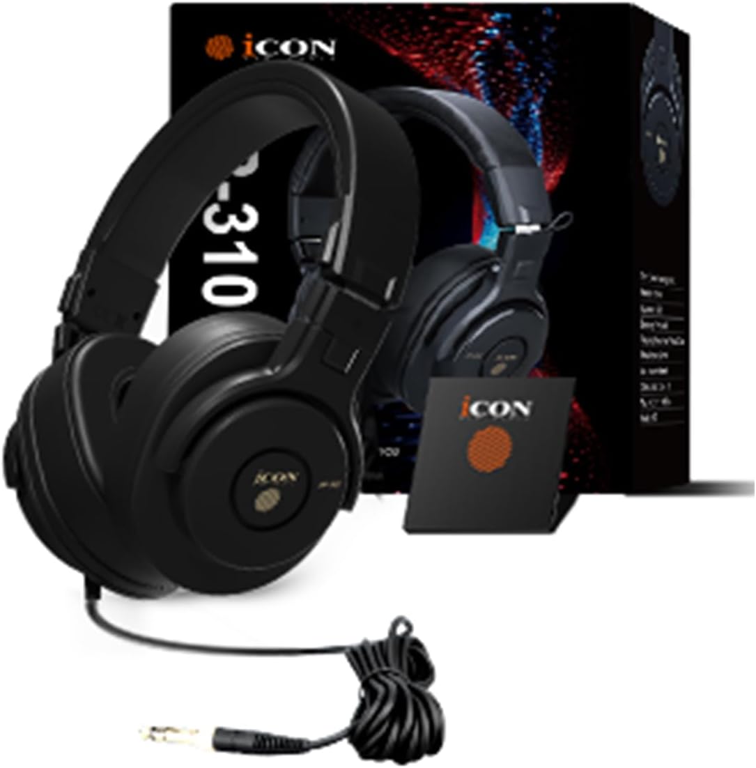iCON Pro Audio HP-310 Closed-Back Studio Monitoring Headphones - 50mm Driver, 32Ω Low Impedance for PC, Mac, Smartphone - Professional Over-Ear Wired Headphones for Mixing, Recording
