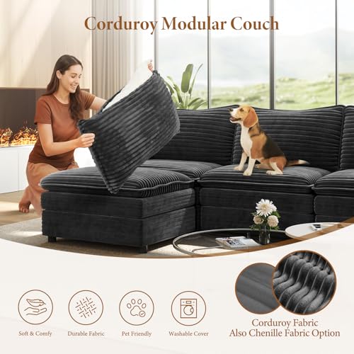 Image of Vesgantti 101 inch V-Shaped Corner Couch Sectional, 7 Seat Customizable Modular Cloud Couches with Movable Ottoman, Corduroy Deep Seat Sofa Set with Chaise for Living Room, Bedroom and Apartment, Gray