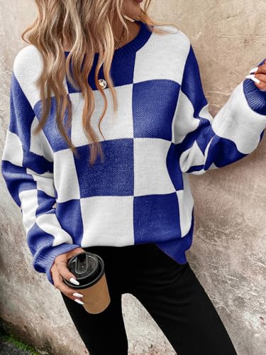 Image of SHENHE Women's Checkered Color Block Oversized Sweater Plaid Crew Neck Drop Shoulder Pullovers