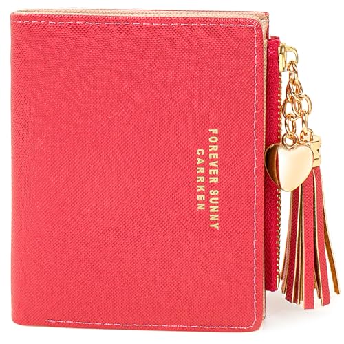 Image of KOTORA Womens Small Wallet Girls Tiny Slim Wallets Pretty Mini Card Holder Thin Short Zip Coin Purse with Love Pendant and Tassels (Cyclamen)