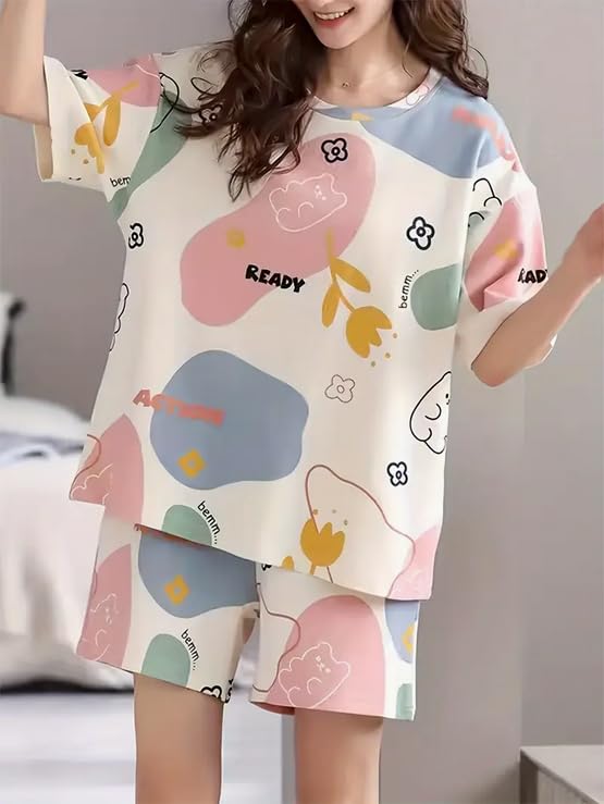 Image of Lunza Women's Cotton Blend Pajama Set, Short Sleeve T-Shirt and Shorts, Cute Bear Print Nightwear