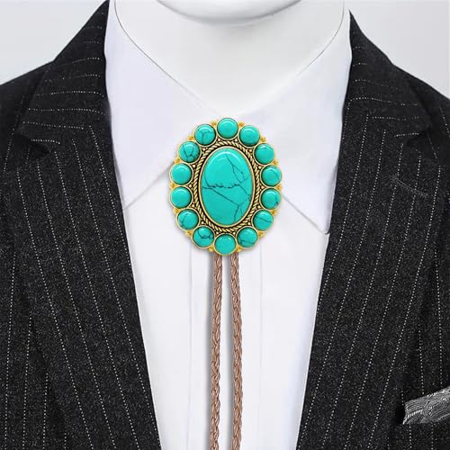 Image of GelConnie Bolo Tie for Men Women Western Cowboy Turquoise Leather Necktie | Natural Stone Bolo Tie Necklace for Women Rodeo Cowboy Leather Necktie Native American Western Cowgirl Ties Adjustable Cord