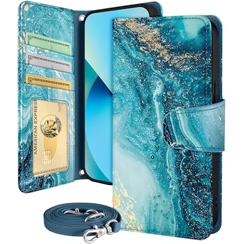 Buleens for iPhone 13 Pro Wallet Case for Women - with Card Holder for iPhone 13 Pro Flip Case Leather Crossbody Cute Aesthetic i Phone 13Pro Case with Strap Kickstand for Girls, Dark Blue Marbled Cover