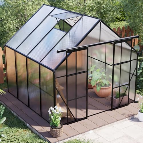 KEIKI-8×8-FT-Double-Door-Polycarbonate-Greenhouse-with-Aluminum-FrameRaised-Base-and-Roof-VentWalk-in-Greenhouses-for-Patio-Garden KEIKI 8×8 FT Double Door Polycarbonate Greenhouse with Aluminum FrameRaised Base and Roof VentWalk in Greenhouses for Patio Garden