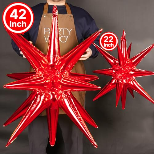 Image of PartyWoo Red Star Spike Balloons 2pcs Explosion Foil Mylar Balloons | 42 Inch for Graduation Birthday Baby Shower Engagement Wedding Anniversary Retirement Bachelorette Party Decorations