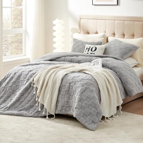 Cozy Bliss Fluffy Twin Comforter Set - Grey Soft Sherpa Comforter, 2pcs Warm Bedding Set with 1 Pillowcase for Winter, Jacquard Checkered, Gift for Boys Girls Women Grandkids (Twin, Grey)