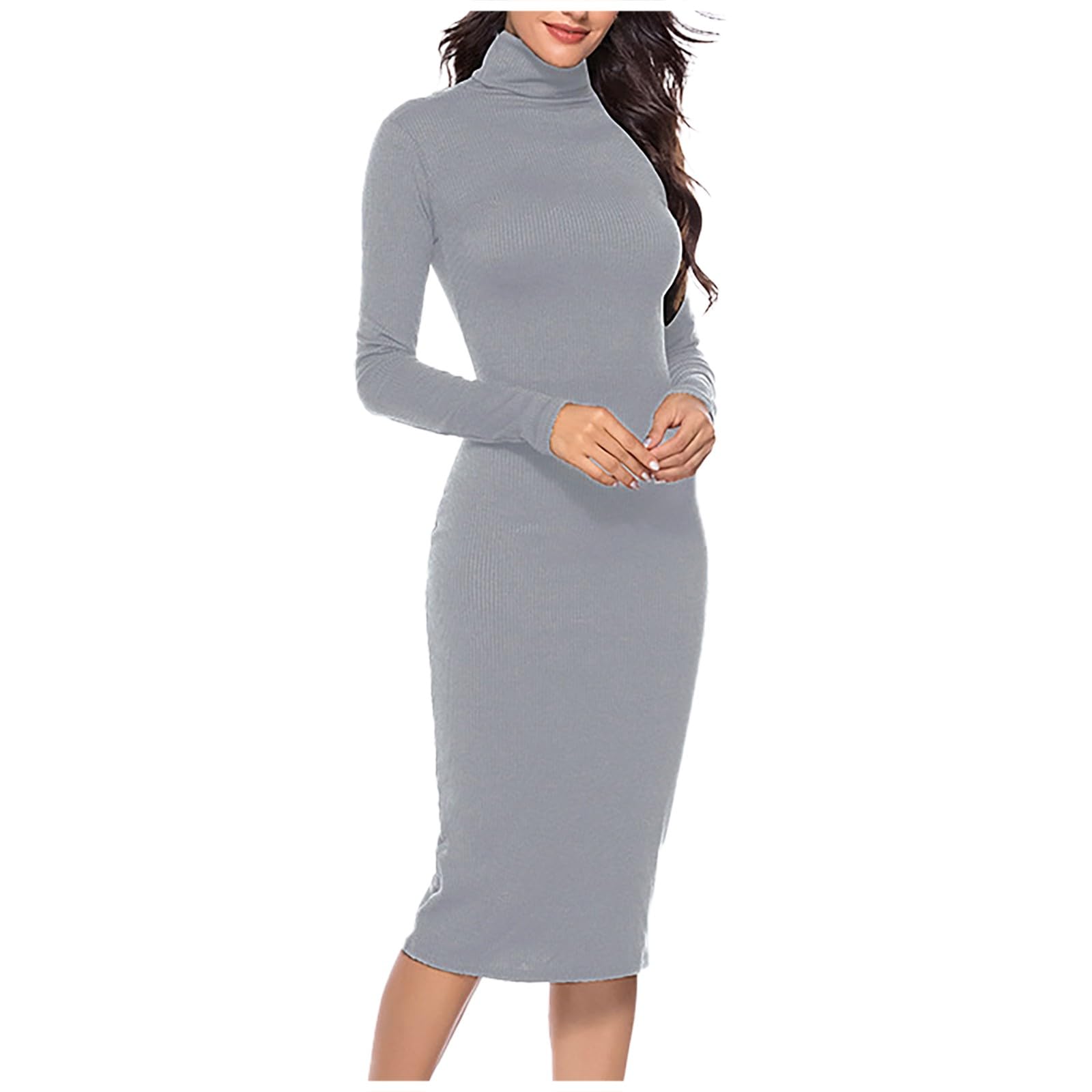 Vestido de punto acanalado de manga larga con cuello alto para mujer