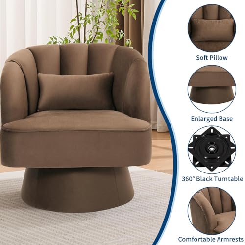 IDEALHOUSE Swivel Accent Chair with Armrests, 360° Mid Century Modern Swivel Barrel Chair, Modern Cozy Velvet Armchair for Living Room, Bedroom, Small Space, Brown - Image 6
