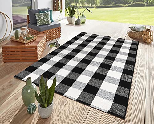 Kimode Buffalo Plaid Outdoor Indoor Rug Doormat 3' X 5', Cotton Woven Outdoor Door Mat Washable Farmhouse Checkered Porch Rugs For Front Kitchen Bathroom #TOP4