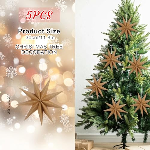 Image of 12 Inches 5 PCS Brown Paper Star Lanterns Christmas Party Decorations Hanging Stars Christmas Party Decorations Wedding Birthday Christmas Home Party Decorations(9 Pointed)