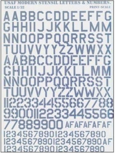 PRINT SCALE 32-002 - 1/32 USAF Modern Stencil Letters&Numbers, Grey Color