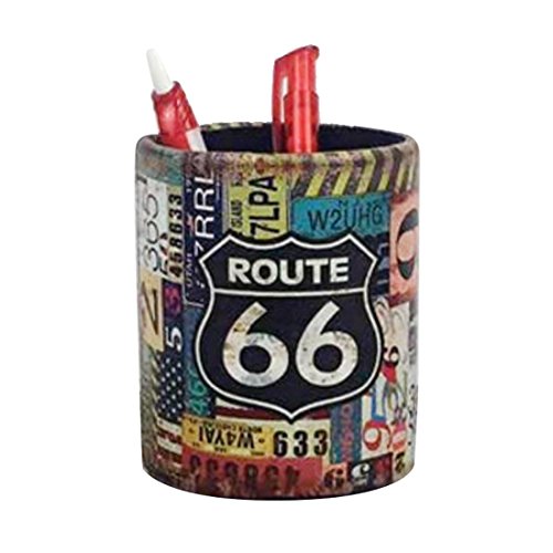PeleusTech PU Leather Pens Pencils Holder Cup Retro Desk Organizer for Home Office Decor Container Box - (66 Route)