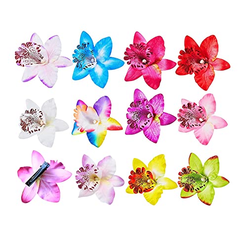 Lot de 12 pinces à cheveux en forme de fleurs hawaïennes - Colorées - Orchidée bohème - Pour femme, fille, mariage, fête, plage, accessoires de coiffure