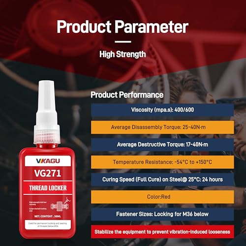 Image of VIKAGU 271 Red High Strength Threadlocker - Medium Viscosity Glue,Easy Infiltrated Thread Lock - Permanent Adhesive for Metal Bolts & Nuts - Quick Cure Formula - 1.69Oz /50ml