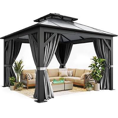 YITAHOME 10X10FT Polycarbonate Hardtop Gazebo Outdoor Patio Double Top Canopy Galvanized Iron Metal Column Garden Tent Curtains Netting for Backyards Decks Lawns,Gray