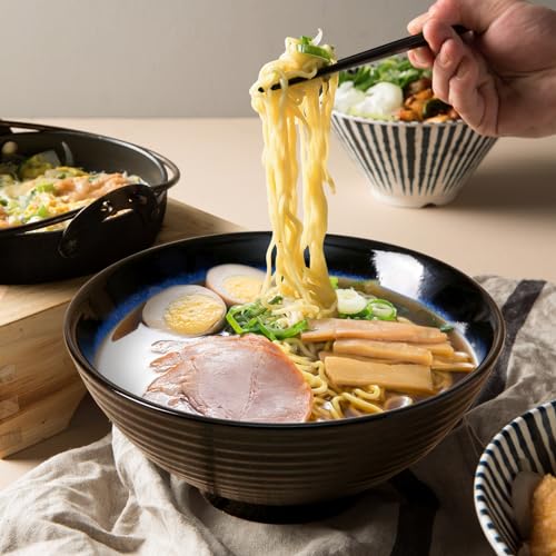 NUTRIUPS 2 x 1200ml Ramenschüssel aus Keramik mit Essstäbchen und Löffeln, 20cm Bowl Schüssel Suppenschüssel Groß，Katzenauge blau – Ansicht 4