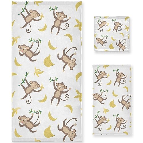 Naanle 1 serviette de bain + 1 serviette de toilette + 1 débarbouillette, motif amusant singes bananes mignons - 3 serviettes décoratives pour la maison, la salle de bain, l'hôtel, la salle de sport,