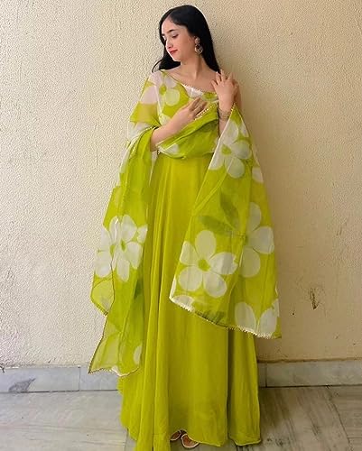 Image of Women's Georgette Sleeveless Maxi Long Gown with Duptta (580-SLEEVELESS-LIME)
