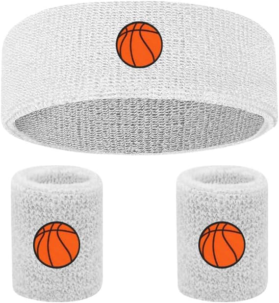 Sports Headband with Wristbands, White Basketball Pattern, High Elastic Sweatband for Basketball, Running & Fitness
