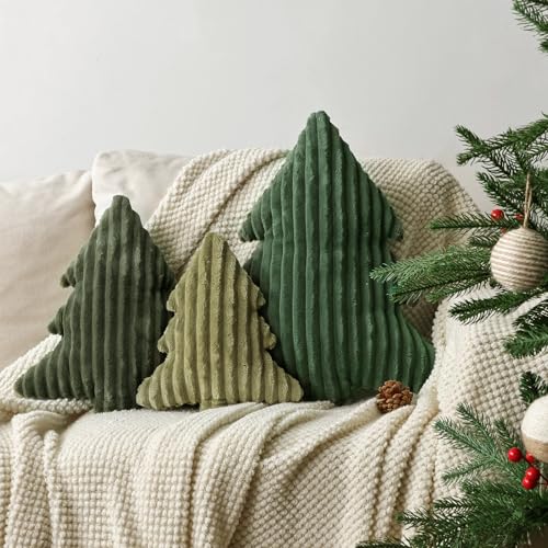 Christmas Decorations Plush Throw Pillows: Set of 3 Soft Green Velet Christmas Tree Shaped Pillow, Cute Rustic Stuffed Cushion Xmas Decor Indoor for Kids Home Sofa Bed Couch Office Couch Living Room