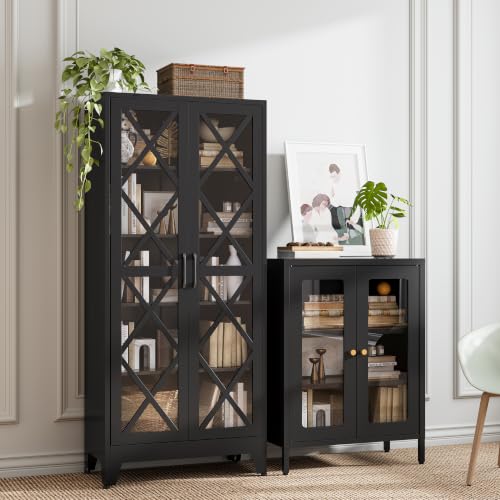 Image of 71 inch Tall Display Cabinet with Glass Doors, Farmhouse Metal Storage Glass Cabinet with 4 Adjustable Shelves, Black Vintage Tall Storage Cabinet for Collectibles,Curio, Books, Chinaware, Figures