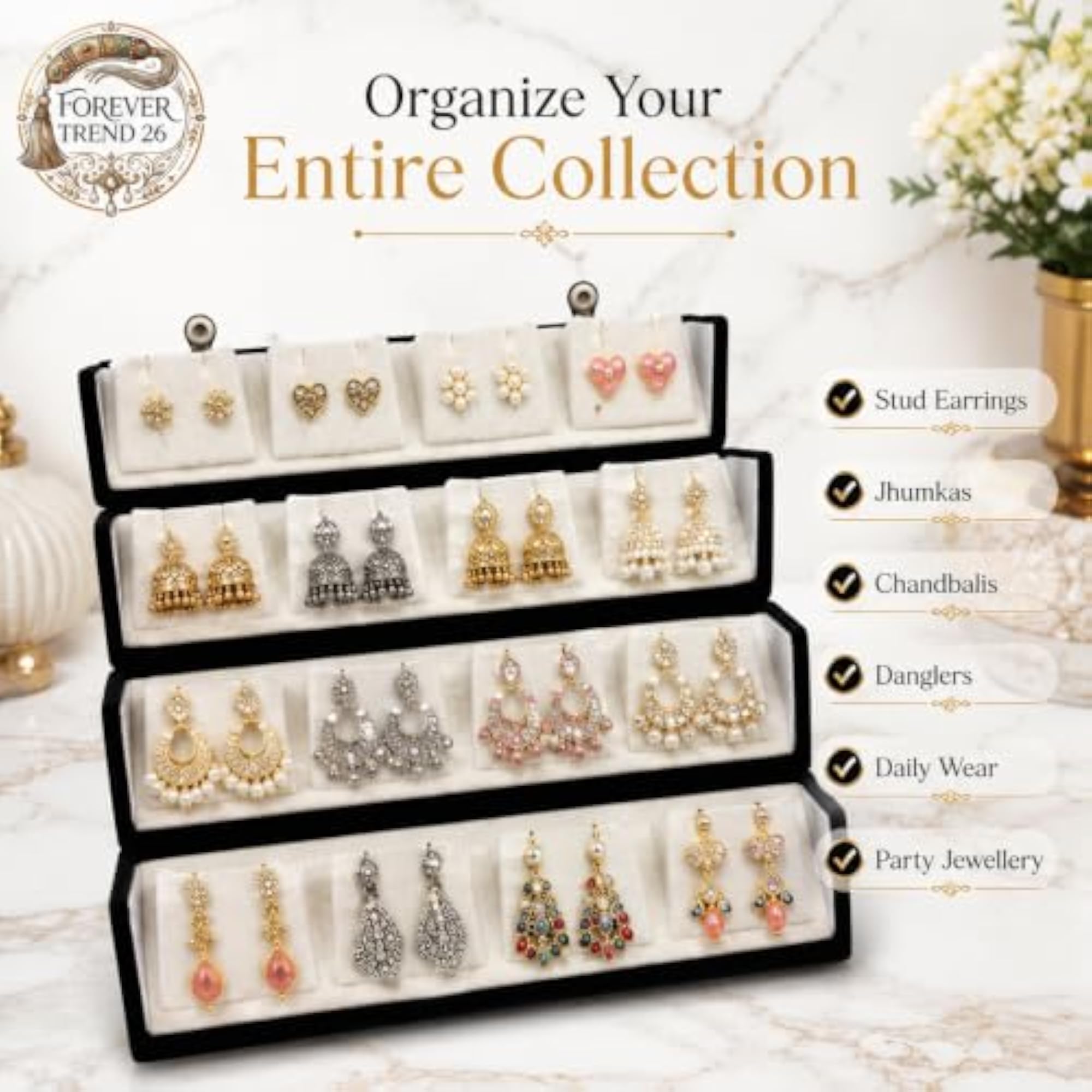 4-Tier Velvet Earring Organizer, 16 Pair, Black