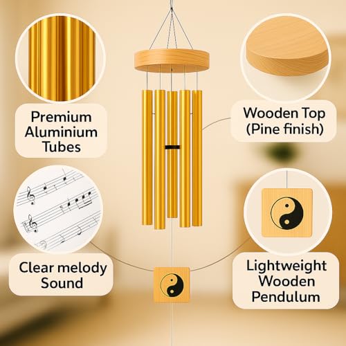 Image of 6 Pipe Wind Chimes for Home & Balcony - 28 Inch Aluminum Chime with Pleasant Soothing Tones | Positive Energy & Good Luck Outdoor Garden Decor | Housewarming Gift for Home & Patio (Gold)