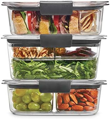 Rubbermaid Brilliance BPA Free Food Storage Containers with Lids, Airtight, for Lunch, Meal Prep, and Leftovers, Set of 3 with Removable Trays