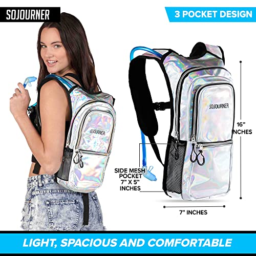 Sojourner Rave Hydration Pack Backpack - 2L Water Bladder Included For Festivals, Raves, Hiking, Biking, Climbing, Running And More (Multiple Styles) (Holographic - Silver) #TOP2