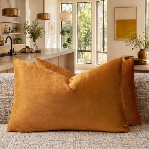 Image of GIGIZAZA Cinnamon Burnt Orange Velvet Decorative Throw Pillow Covers for Sofa Bed 2 Pack Soft Cushion Cover (Cinnamon, 12 x 20- Set of 2)