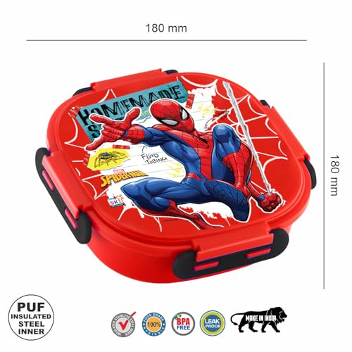 Image of SKI Baker Steel Lunch Box for Kids, 3 Compartment Insulated School Tiffin with Spoon, Leak-Proof, BPA Free, Bento Box for Boys & Girls, Birthday Gifts, Party Favours - Spiderman