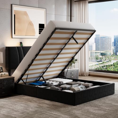 Image of Novilla Queen Lift Up Storage Bed Frame /Charging Station /LED Light, Black