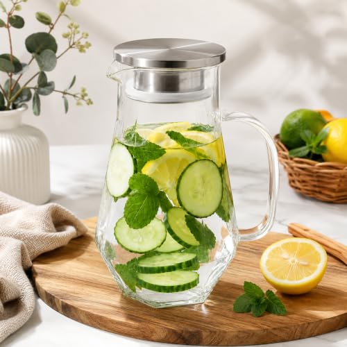 Image of Wringo Premium Glass Water Jug - 1.8 LTR, Transparent, Hot Cold Water Glass Pitcher with Steel Lid Water Jug, Iced Tea, Milk and Juice Beverage Carafe, Golden Lemon Jug 1800ML (WQ-20)
