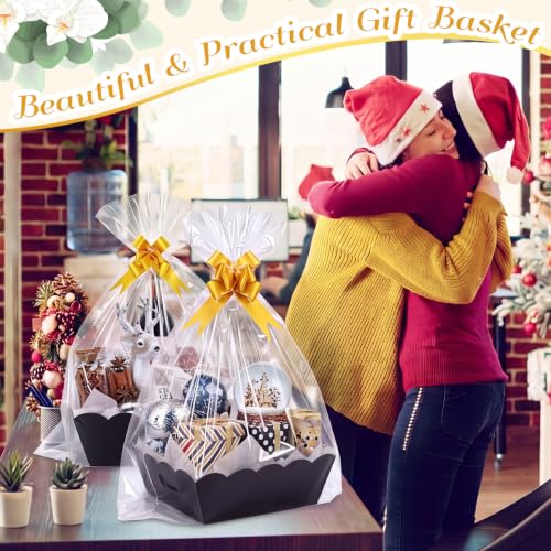 Image of Fuyoooo 8 Pack Black Baskets for Gifts Empty to Fill, Sturdy 10 inch x 12 inch Scalloped Edged Empty Gift Basket Kit Bulk with Handles, 8 Wrap Bags, 16 Tissue Paper and 8 Bows for Wedding Party