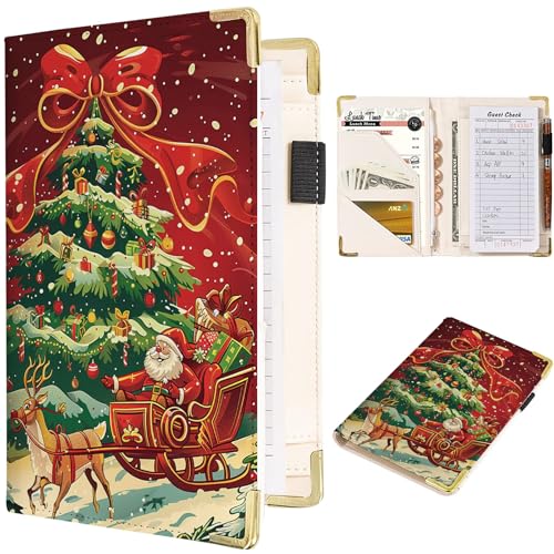 Tucocoo Server Book, Christmas Scene Waitress Book, Bow Tree Server Books for Waitress Cute Waiter Book with Zipper Pocket, Leather Serving Book Server Notepad Waitress Accessories Fit Server Apron